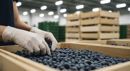 Quality control of fresh blueberries by worker in gloves at a food processing plant