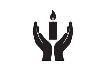 candle in prayer hands silhouette vector art illustration on white background