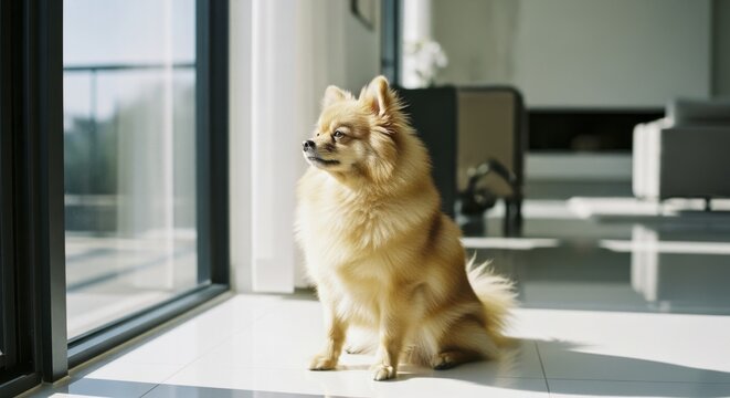 Fluffy long haired pomeranian dog sitting on modern tiled floor near window