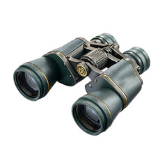 Vibrant photo of vintage green binoculars with gold accents isolated on transparent background.