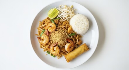 Authentic thai pad thai noodles with shrimp, crushed peanuts, lime, rice, and spring roll