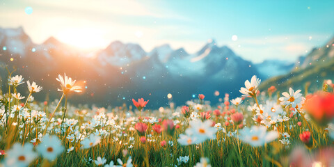 Wildflower Meadow with Mountain View at Sunrise
