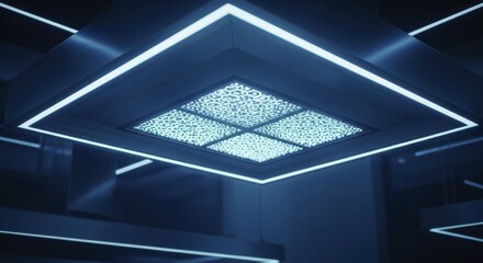 Obraz premium Futuristic blue LED light fixture with geometric design on a modern ceiling