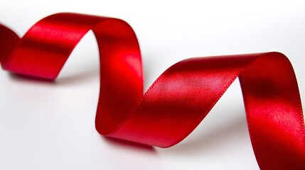 Elegant red satin ribbon gracefully twists and turns against a clean white background, showcasing its smooth texture and vibrant color for decorative purposes and design inspiration