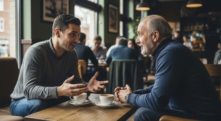 Two men of different generations having a lively conversation in a cozy cafe over coffee cups