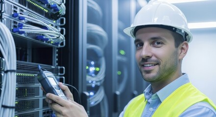 Smiling male engineer in hard hat and safety vest operating diagnostic tool in data center