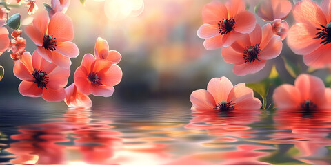 Vibrant Pink Flowers Reflected on Calm Water with Soft Light