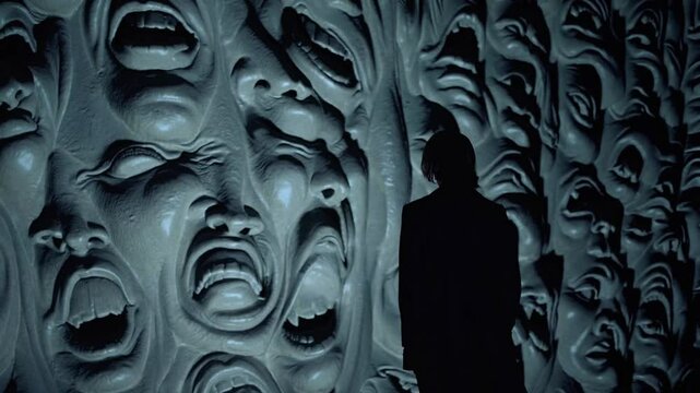 Mur de visages hurlants face &agrave; un homme silencieux