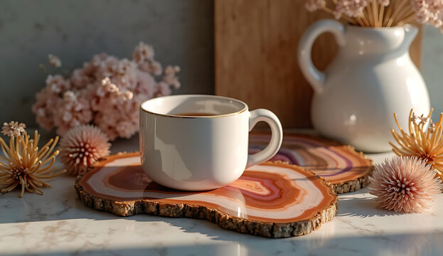 A white mug with gold trim sits on a wood slice coaster with flowers and a white pitcher nearby