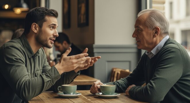 Two men, a young adult and a senior, engaged in a lively discussion at a cafe table