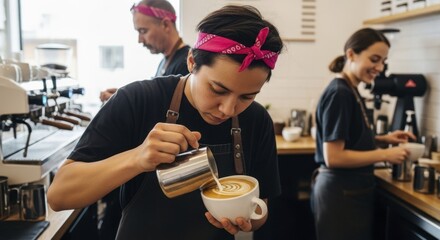 Professional barista expertly crafting latte art in a modern coffee shop with colleagues working in background