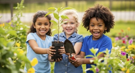 Three diverse happy children planting a small tree seedling in a sunny outdoor garden