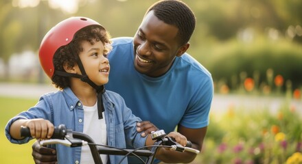 Loving african american father teaching young son to ride bicycle in sunny park