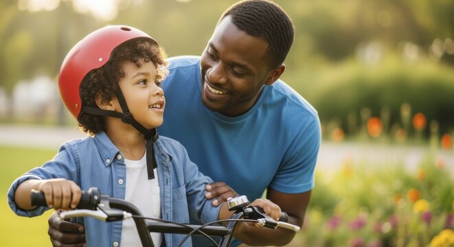 Loving african american father teaching young son to ride bicycle in sunny park