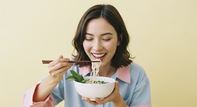 Happy young asian woman eating delicious pho noodles with chopsticks from a bowl