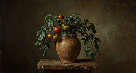 A still life of tomato plant with ripe and unripe tomatoes in a rustic vase on a wooden surface