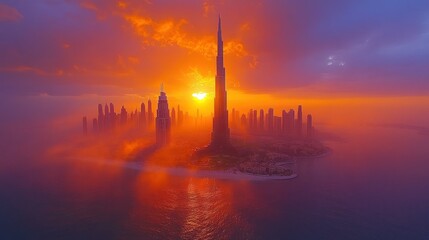 Futuristic island city skyline at sunset, misty, radiant