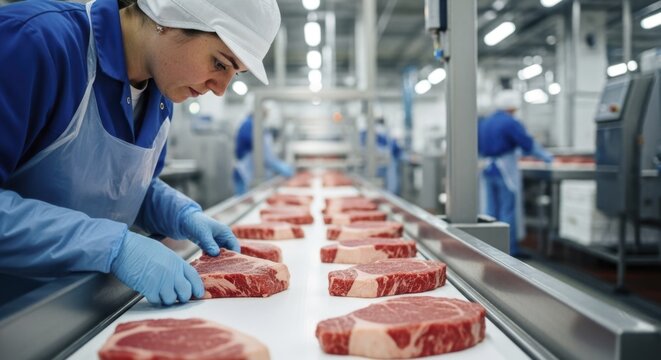 Female worker inspecting fresh beef steaks on conveyor belt in meat processing plant