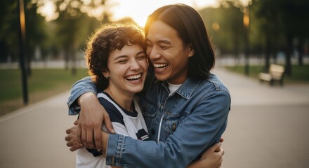 Naklejka premium Joyful young woman and man embracing and laughing outdoors at golden hour