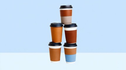 Stack of five disposable coffee cups in various colors and textures, arranged artistically against a soft blue background, showcasing modern beverage packaging design and sustainability concepts