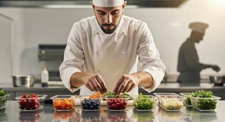 Professional chef preparing colorful ingredients in a commercial kitchen