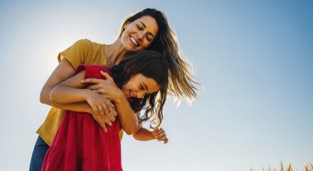Joyful mother and daughter embracing outdoors under a bright blue sky