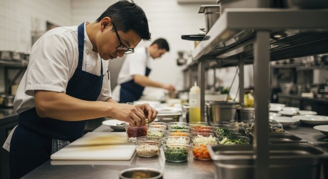 Professional male chef meticulously preparing fresh ingredients in a busy restaurant kitchen