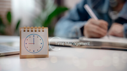 Close-up of clock and woman writing in notebook, representing time management, productivity, and planning. Ideal for business and educational content.