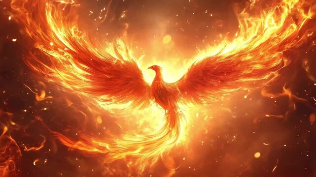 A phoenix takes flight from a roaring fire, representing renewal and the endless cycle of life with its brilliant flames and golden hues