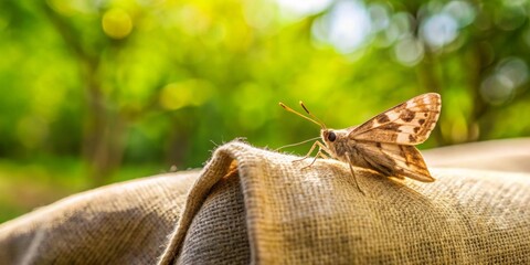 A delicate brown butterfly rests on textured fabric outdoors in bright sunlight