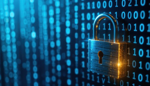 Digital Data Protection: Padlock Security Concept on Binary Background Design - Powered by Adobe