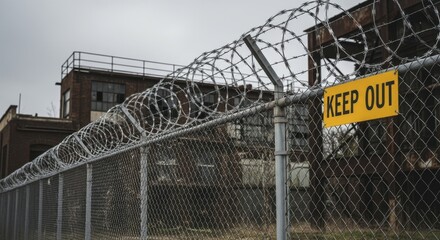 Chain link fence with razor wire and a yellow keep out sign guarding an abandoned industrial building