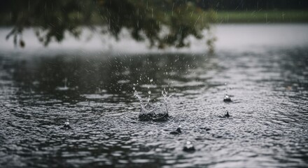 Fototapeta premium Close up of heavy rain splashing on dark water surface creating ripples and crowns