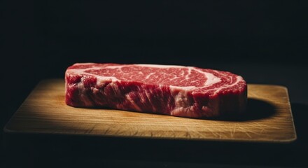 Raw marbled ribeye steak on wooden cutting board with dramatic lighting