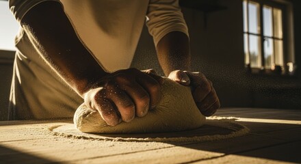 Close up of a baker strong hands kneading rustic sourdough dough on a wooden table