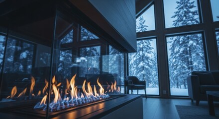 Modern gas fireplace with warm flames in a cozy cabin overlooking snowy winter forest