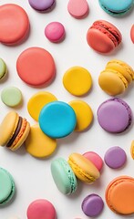 Colorful Festive Macarons on White Background, Flat Lay, Realistic Style