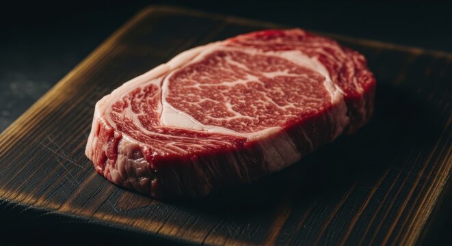 Premium raw ribeye steak with rich marbling on a rustic wooden cutting board
