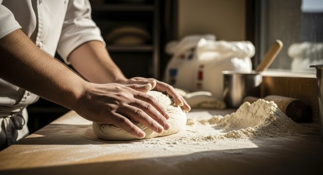 Professional baker hands kneading fresh dough on a wooden counter
