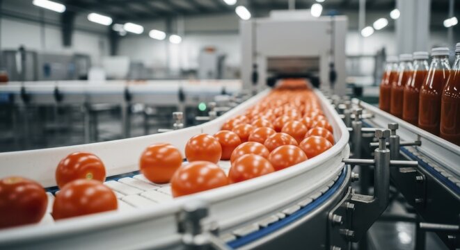 Vibrant red ripe tomatoes moving along a curved conveyor belt in a modern food processing facility