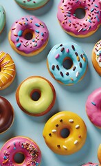 Colorful Donuts with Various Toppings on Turquoise Background - Flat Lay, Realistic Style