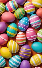 Colorful Striped Easter Eggs on Red Brick Background, Flat Lay