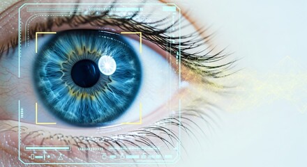 Human eye with digital interface overlay. Biometric identification in futuristic security concept. Cybernetic vision technology.