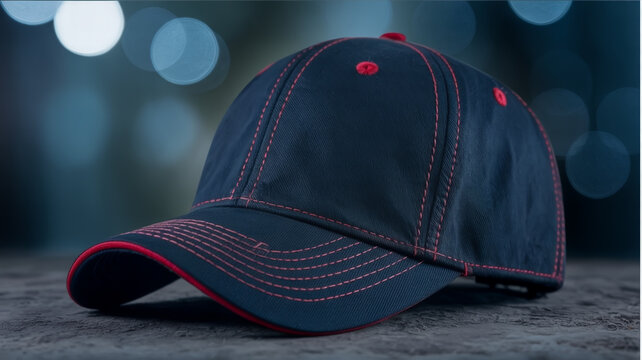 A professional product photograph of a black baseball cap with red contrast stitching and trim against a blurred bokeh background.