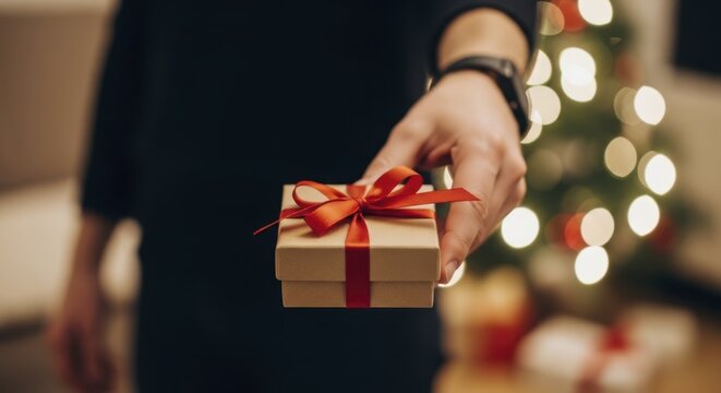 A man hand holding a small gift box with a red ribbon, presenting it forward in a festive setting with bokeh lights.