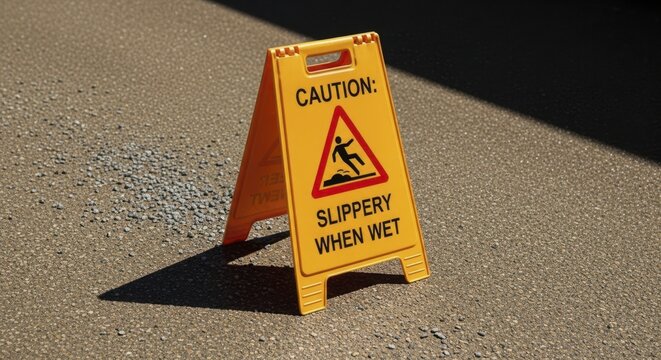 Bright yellow caution slippery when wet sign standing on asphalt