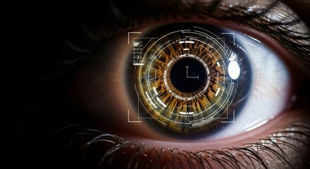 Human eye with digital interface overlay. Biometric identification in futuristic security concept. Cybernetic vision technology.