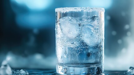 A clear glass filled with ice cubes and frosty condensation, placed on a reflective surface with a cool blue background.