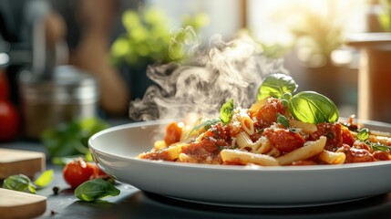 Steaming hot penne arrabbiata with fresh basil and tomatoes