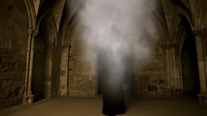 Mysterious hooded figure disappearing in ancient gothic corridor - Powered by Adobe